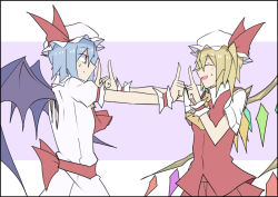 2girls :d ^_^ ascot back_bow back_cutout bat_wings blonde_hair blue_hair bow bowed_wings closed_eyes clothing_cutout collared_shirt commentary_request cowboy_shot dress flandre_scarlet hair_between_eyes hat hat_bow hat_ribbon index_finger_raised kenuu_(kenny) koi_dance looking_at_another mob_cap multiple_girls open_mouth purple_background red_ascot red_bow red_eyes red_ribbon red_shirt red_vest remilia_scarlet ribbon shirt short_hair short_sleeves siblings side_ponytail sideways_mouth simple_background sisters skirt skirt_set smile sweatdrop symmetrical_hand_pose touhou two-tone_background vest white_background white_dress white_shirt wings wrist_cuffs yellow_ascot