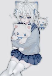Rule 34 | 1girl, ?, absurdres, ahoge, animal ears, blue bow, blue bowtie, blue eyes, blue ribbon, blue sailor collar, blue skirt, blue sweater, bow, bowtie, cat ears, cat girl, commentary, cowboy shot, crossed bangs, dot nose, drop shadow, eyelashes, feet out of frame, grey background, hair between eyes, hair ornament, hair ribbon, highres, holding, holding stuffed toy, knees together feet apart, looking at viewer, lower teeth only, medium hair, open mouth, original, oysi mysi, pleated skirt, ribbon, sailor collar, sitting, skindentation, skirt, slit pupils, solo focus, sparkle, stuffed animal, stuffed cat, stuffed toy, sweater, symbol-only commentary, teeth, thighhighs, twitter username, white hair, white thighhighs, x hair ornament, yuki (oysi mysi), zettai ryouiki