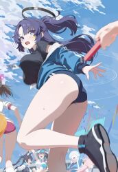 1other 6+girls animal_ear_fluff animal_ears arm_up ass black_hair black_halo black_jacket black_shirt blue-tinted_eyewear blue_archive blue_buruma blue_eyes blue_hair blue_sky bouncing_breasts breasts brown_hair buruma cat_ears cat_girl cheerleader commentary_request day dog_ears dog_girl fox_ears fox_girl fox_tail from_below goggles goggles_on_head half_updo halo hibiki_(blue_archive) hibiki_(cheer_squad)_(blue_archive) highres holding_baton hoshino_(blue_archive) izuna_(blue_archive) jacket lamser lanyard large_breasts long_sleeves multiple_girls no_eyes noa_(blue_archive) off_shoulder official_alternate_costume open_mouth pink_buruma pink_hair pink_halo puffy_long_sleeves puffy_sleeves serika_(blue_archive) shirt sky star_sticker sticker_on_face sweat tail thighs tinted_eyewear track_jacket twintails white_shirt yuuka_(blue_archive) yuuka_(track)_(blue_archive)