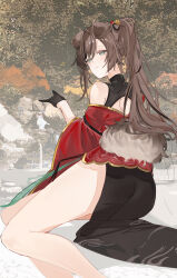 1girl absurdres animal_ears black_collar black_dress black_gloves brown_hair china_dress chinese_clothes closed_mouth coat collar collared_dress commentary dress flantia fountain from_behind gloves green_eyes hair_between_eyes hair_ornament highleg highleg_dress highres long_hair looking_at_viewer off_shoulder on_ground original outdoors print_dress red_coat side_ponytail sitting water