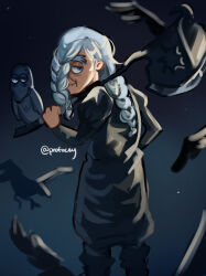 Rule 34 | axe, bird, black dress, braid, braided bangs, braided ponytail, cosplay, crossdressing, crow, dress, family guy, grey hair, hair over face, hair over one eye, highres, holding, holding axe, john herbert (family guy), jujutsu kaisen, long hair, male focus, mei mei (jujutsu kaisen), mei mei (jujutsu kaisen) (cosplay), old, old man, profocey, solo