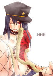 1girl 2000s_(style) bad_id black_hair black_hat blush closed_mouth coat commentary_request dated_commentary feet_out_of_frame fishnet_pantyhose fishnets fur-trimmed_coat fur_trim hat hat_ornament kaisanbutsu long_hair looking_at_viewer lowres navel one_eye_closed open_clothes open_coat pantyhose peaked_cap ragnarok_online red_coat red_eyes rogue_(ragnarok_online) short_sleeves simple_background sitting solo star_(symbol) star_hat_ornament white_background