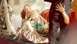 1girl 2boys absurdres aqua_eyes aqua_ribbon armchair black_jacket black_pants blurry blurry_foreground bouquet box bridal_veil bride chair closed_mouth day dress dwarf eisen_(sousou_no_frieren) expressionless flower frieren full_body gift gift_box groom hair_flower hair_ornament hand_on_another&#039;s_back head_rest highres himmel_(sousou_no_frieren) indoors jacket ladder lamp light_particles long_hair long_sleeves multiple_boys pants picture_frame pink_flower plant pointy_ears procreate_(medium) puffy_short_sleeves puffy_sleeves ribbon short_sleeves sitting sousou_no_frieren standing sunlight veil wedding_dress white_dress white_flower white_hair zhishangjun123