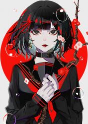 1girl absurdres belt_collar black_eyes black_hair black_nails black_serafuku black_skirt blunt_bangs branch bubble choker closed_mouth collar colored_inner_hair commentary_request earrings eyeliner flower green_hair hair_ornament hair_ribbon hairclip highres holding holding_branch jewelry long_sleeves looking_at_viewer makeup multicolored_hair nail_polish neckerchief original pink_flower red_eyeliner red_flower red_hair red_lips red_neckerchief ribbon sailor_collar school_uniform serafuku short_hair single_earring skirt solo streaked_hair syakemayusan white_background