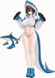 1girl abpart absurdres ai-generated_art_(topic) bare_shoulders black_hair blue_eyes blue_shoes blush breasts closed_mouth full_body hands_up highres italian_brainrot_ai_animals_(meme) large_breasts long_sleeves meme meme_attire navel original shoes sideboob simple_background sneakers solo standing thighs virgin_destroyer_sweater white_background