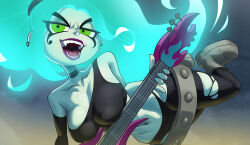 1girl absurdres belt black_choker black_pants blue_hair boots breasts choker colored_skin crop_top danny_phantom ear_piercing electric_guitar ember_mclain green_eyes guitar half-closed_eyes highres inker_comics instrument long_hair loose_belt makeup medium_breasts midriff open_mouth outdoors pants piercing ponytail runny_makeup solo teeth torn_clothes torn_pants