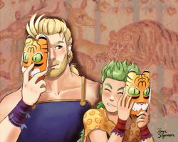2boys animal_background armband beard blonde_hair blue_eyes closed_eyes earrings facial_hair final_fantasy final_fantasy_vi gau green_hair happy highres jewelry male_focus multiple_boys ponytail sabin_rene_figaro shawl smile tayasigerson tiger tiger_mask_(object)
