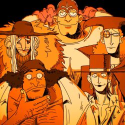 5boys bandana black_hair black_headwear closed_mouth coat doc_q earrings facial_hair featherrred fur_coat hairy hand_on_own_chin hat highres hoop_earrings jesus_burgess jewelry lafitte_(one_piece) long_hair looking_at_viewer makeup male_focus marshall_d._teach medium_hair monocle multiple_boys mustache one_piece open_clothes red_hair shirt short_hair smile sweater toon_(style) turtleneck turtleneck_sweater van_augur white_hair white_shirt wrestling_mask