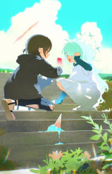 Rule 34 | 2girls, absurdres, aqua hair, barbell piercing, black pants, blue archive, bm tol, brown hair, closed eyes, closed mouth, crying, ear piercing, earrings, facing another, food, from side, grey hoodie, hair over one eye, halo, highres, hiyori (blue archive), holding, holding food, holding popsicle, hood, hoodie, ice cream, industrial piercing, jewelry, long hair, long sleeves, misaki (blue archive), multiple girls, open mouth, outdoors, pants, piercing, pleated skirt, ponytail, popsicle, red halo, sandals, shirt, shoes, short hair, skirt, sleeves past wrists, squatting, stud earrings, tears, torn clothes, torn pants, white footwear, white shirt, white skirt