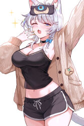 1girl absurdres ahoge animal_ear_fluff animal_ears black_camisole black_shorts blue_eyes breasts brown_sweater camisole cat_ears cat_girl cat_tail cipher_(honkai:_star_rail) cipher_(sweet_slumber)_(honkai:_star_rail) cleavage commentary dolphin_shorts grey_hair highres honkai:_star_rail honkai_(series) large_breasts midriff navel official_alternate_costume short_hair_with_long_locks shorts simple_background sleep_mask solo ssatang_118 sweater tail thighs white_background yawning