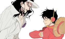 2boys black_hair coat eye_contact facial_hair fangs gloves goatee hat headphones highres jacket long_hair looking_at_another male_focus monkey_d._luffy multiple_boys one_piece pachi1014813 profile red_coat red_gloves rob_lucci scar scar_on_face short_hair simple_background straw_hat upper_body white_background white_jacket