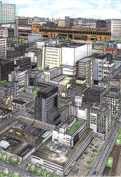 architecture blue_sky building city cityscape construction_site day highres marker_(medium) no_humans original place_name scenery sendai_(city) silent-frog sky skyscraper traditional_media urban