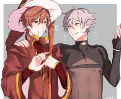 1hp_club 2boys :d black_gloves border brown_eyes brown_hair commentary commission commissioner_upload crew_neck elfboiii english_commentary facing_viewer fingerless_gloves gloves hand_on_another&#039;s_shoulder hand_up hat highres holding_own_hand looking_at_another multiple_boys nervous_sweating niffin_(1hp_club) obi_(1hp_club) open_mouth outside_border pectorals pink_eyes pointy_ears popped_collar red_robe red_shirt robe second-party_source see-through_cleavage see-through_clothes see-through_shirt shirt short_hair smile stomach sweat talking toned toned_male white_border white_hair wizard_hat