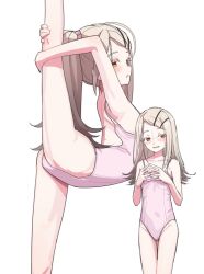 1girl backless_leotard ballerina brown_eyes brown_hair collarbone commentary contortion flexible from_side gakuen_idolmaster hair_ornament hairclip holding_own_leg idolmaster leotard long_hair looking_at_viewer looking_to_the_side millet_pepper open_mouth pink_leotard ponytail projected_inset shinosawa_hiro simple_background smile split standing standing_on_one_leg standing_split steepled_fingers white_background