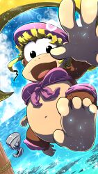 1girl ape barefoot beret blonde_hair breasts dixie_kong donkey_kong_(series) donkey_kong_country_2 earrings furry furry_female green_eyes hat highres jewelry kiwa_(pokemonwars) long_hair medium_breasts navel nintendo open_mouth ponytail shirt smile solo tied_shirt water