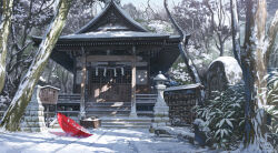 architecture box commentary_request donation_box east_asian_architecture ema handprint highres kosian no_humans original outdoors red_umbrella rope shimenawa shrine snow stairs tree umbrella winter