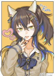 1girl blue_hair brown_cardigan brown_hair cardigan collared_shirt commentary daitaku_helios_(umamusume) ear_covers gyaru hair_ornament hairclip heart highres long_hair multicolored_hair multicolored_nails nail_polish one_side_up shirt solo streaked_hair tongue tongue_out translation_request twitter_username uma_motiyodor umamusume upper_body v white_shirt yellow_eyes