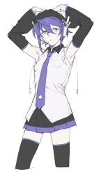 1girl aa_kabeuchi armpits arms_up bags_under_eyes beret black_hat black_skirt black_sleeves black_thighhighs breasts closed_mouth collared_shirt cropped_legs detached_sleeves frown hands_on_own_head hat headset highres looking_up miniskirt necktie pleated_skirt purple_eyes purple_hair purple_necktie shirt short_hair simple_background skirt sleeveless sleeveless_shirt small_breasts solo standing thighhighs utane_uta utau white_background white_shirt zettai_ryouiki