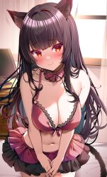 1girl animal_ear_fluff animal_ears aqua_hair bed bed_sheet black_hair black_skirt blush bra breasts cat_ears cat_tail cleavage closed_mouth colored_inner_hair curtains highres indoors layered_skirt long_hair looking_at_viewer multicolored_hair navel origami_aya original red_bra red_eyes red_skirt sidelocks skirt smile solo standing tail two-tone_hair two-tone_skirt underwear window