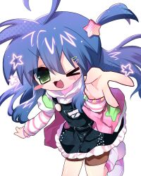 1girl bangle black_overalls blue_hair blush bracelet buchou_(tk_club0_0) converse frilled_skirt frills gingham green_eyes green_star hair_ornament highres hood hoodie izumi_konata jewelry lucky_star overall_skirt overalls pink_light pink_shoes pink_star pink_stripes pink_vest polka_dot shoes skirt star_(symbol) star_hair_ornament v vest white_background white_hoodie wink_star