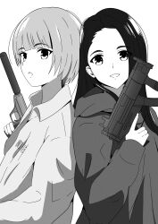 2girls absurdres baby_walkure commentary fukagawa_mahiro greyscale gun handgun highres holding holding_gun holding_weapon hood hood_down hooded_jacket jacket long_hair long_sleeves monochrome multiple_girls open_mouth shiro_shiki short_hair submachine_gun sugimoto_chisato suppressor trigger_discipline weapon