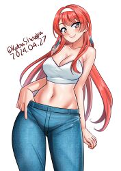1girl absurdres alternate_costume bare_shoulders breasts cleavage collarbone cowboy_shot dated denim hairband highres jeans kantai_collection katou_shinobu large_breasts long_hair midriff navel nevada_(kancolle) one-hour_drawing_challenge pants red_eyes red_hair smile solo strapless tube_top twitter_username white_hairband white_tube_top