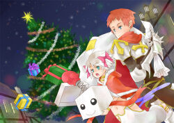 Rule 34 | 1boy, 1girl, armor, black tabard, blue eyes, bow, boxing gloves, cape, christmas, closed mouth, commentary, cowboy shot, cross, english commentary, expressionless, gypsy (ragnarok online), hair bow, lamppost, looking to the side, lord knight (ragnarok online), navel, night, open mouth, orange hair, outdoors, pants, pauldrons, pink bow, pointy ears, ragnarok online, red cape, sansaro, short bangs, short hair, shoulder armor, snowing, spiked gauntlets, tabard, tree, white hair, white pants