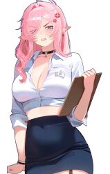 Rule 34 | 1girl, ahoge, anger vein, blue eyes, blue skirt, blush, bracelet, breasts, choker, cleavage, clenched hand, clenched teeth, clipboard, collared shirt, commentary, covered navel, cowboy shot, cropped shirt, cuff links, ear piercing, earrings, english commentary, eyes visible through hair, freckles, garter straps, halftone, high-waist skirt, highres, holding, holding clipboard, hr-chan (vtuber), indie virtual youtuber, jewelry, large breasts, long hair, looking at viewer, midriff, mole, mole under eye, ms. tsu, name tag, office lady, parted bangs, partially unbuttoned, pencil skirt, piercing, pink hair, pointy ears, ringlets, second-party source, shirt, sidelocks, simple background, skirt, solo, star (symbol), star choker, teardrop earrings, teeth, v-shaped eyebrows, virtual youtuber, white background, white shirt
