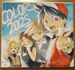2025 2boys 2girls baseball_cap black_hair blonde_hair blue_eyes blue_oak blue_sky brown_hair gloves green_(pokemon) green_eyes hat highres long_hair multiple_boys multiple_girls nintendo one_eye_closed open_mouth photo_(medium) pokemon pokemon_adventures red_(pokemon) red_eyes sky spiked_hair straw_hat v white_gloves yellow_(pokemon) yellow_eyes yui_ko