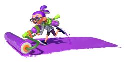 Rule 34 | 1boy, 3d, bike shorts, blue shoes, dynamic pose, eye mask, frown, full body, glasses, gradient hair, highres, holding, holding weapon, ink tank (splatoon), inkling, inkling boy, inkling player character, long sleeves, looking ahead, multicolored hair, nintendo, official art, open mouth, purple hair, red eyes, rui (splatoon), running, shirt, shoes, sneakers, solo, splat roller (splatoon), splatoon (series), splatoon 1, spotted hair, suction cups, tentacle hair, thick eyebrows, transparent background, two-tone hair, v-shaped eyebrows, weapon, white shirt