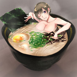 1girl bad_id bad_pixiv_id bare_shoulders bath bowl breasts brown_hair cleavage commentary_request egg food holding holding_bowl kayaooooo large_breasts noodles nori_(seaweed) nude one_eye_closed original purple_eyes ramen short_hair smile soup steam