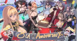 6+girls absurdres anniversary arms_under_breasts azur_lane bismarck_(azur_lane) bismarck_(beacon_of_the_iron_blood)_(azur_lane) black_choker black_gloves black_hair black_horns blonde_hair blue_eyes breasts cake choker cleavage cross cross_earrings crossed_arms dress earrings epaulettes food friedrich_carl_(azur_lane) fritz_rumey_(azur_lane) gloves graf_zeppelin_(azur_lane) highres horns iron_blood_(emblem) jewelry large_breasts little_aegir_(azur_lane) military_uniform multicolored_hair multiple_girls namazake official_alternate_costume parted_bangs prinz_adalbert_(after-hours_service)_(azur_lane) prinz_adalbert_(azur_lane) prinz_heinrich_(azur_lane) prinz_heinrich_(heinrich_on_stage)_(azur_lane) red_dress red_hair red_streaks roon_(azur_lane) roon_(dark_red_grin)_(azur_lane) side_slit two_side_up white_hair yellow_eyes z11_(azur_lane) z23_(azur_lane) z23_(tanz_der_blumen)_(azur_lane) z52_(azur_lane) zeppy_(azur_lane)