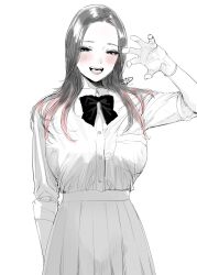 Rule 34 | 1girl, :d, arm behind back, blush, bow, bowtie, bracelet, breast pocket, breasts, bright pupils, claw pose, collared shirt, commentary, cowboy shot, dress shirt, forehead, goshiki suzu, greyscale, hand up, highres, jewelry, konishiya shiyori (goshiki suzu), large breasts, long hair, looking at viewer, monochrome, open mouth, original, parted bangs, parted hair, pleated skirt, pocket, red hair, school uniform, shirt, shirt tucked in, signature, skirt, smile, solo, spot color, teeth, white pupils