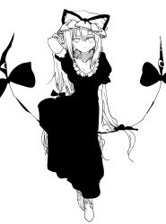 1girl absurdres blonde_hair dress elbow_gloves frills full_body gap_(touhou) gloves hair_between_eyes hair_ribbon hand_in_own_hair hat highres light_smile long_hair looking_at_viewer mob_cap monochrome ribbon short_sleeves sitting solo touhou uzou_(uzooooooooo) very_long_hair white_gloves yakumo_yukari