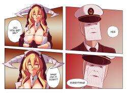 1boy 1girl 4koma areola_slip avengers:_endgame avengers:_infinity_war avengers_(series) azur_lane blonde_hair breasts brown_background cleavage cleavage_cutout closed_eyes clothing_cutout comic commander_(azur_lane) conversation crying english_text fake_horns gloves gradient_background happy hat highres horns implacable_(azur_lane) large_breasts marvel marvel_cinematic_universe meme military_hat nun paper parallelrey red_background red_eyes sad scene_reference simple_background smile speech_bubble standing tears thanos