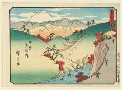19th_century 5boys ando_hiroshige architecture blue_kimono blue_sky cloud east_asian_architecture fine_art_parody grass hat highres japan japanese_clothes japanese_text kimono landscape mount_fuji mountain mountainous_horizon multiple_boys nihonga original outdoors parody red_leaf river scenery sky straw_hat thirty-six_views_of_mount_fuji_(hiroshige) traditional_media translation_request tree ukiyo-e volcano walking water