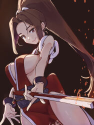 Rule 34 | 1girl, breasts, brown background, brown eyes, brown hair, cowboy shot, fatal fury, fire, hand fan, high ponytail, highres, holding, holding fan, japanese clothes, kimono, large breasts, looking at viewer, ooiwa (irc14786149), pelvic curtain, ponytail, red kimono, revealing clothes, shiranui mai, smile, snk, solo, the king of fighters, the king of fighters xv