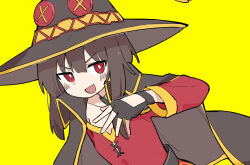 1girl black_hair bright_pupils cape doyagao fingerless_gloves fusazakura gloves hat kono_subarashii_sekai_ni_shukufuku_wo! megumin red_eyes simple_background smug solo white_pupils witch_hat yellow_background