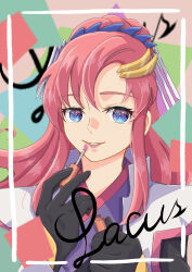Rule 34 | 1girl, absurdres, applying makeup, black gloves, black kimono, blue eyes, character name, gloves, gundam, gundam seed, gundam seed freedom, hair ornament, highres, japanese clothes, kimono, lacus clyne, lipstick, long hair, looking at viewer, makeup, pink hair, smile, user kunf8626