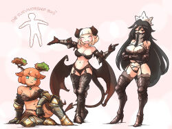 3girls :3 :d animal_ears armor armored_boots bikini_armor black_bra black_hair black_panties blonde_hair boots borrowed_character bra breasts character_request cleavage clinye_(ironlily) closed_eyes crossed_arms demon_girl english_text executioner_maid_(centurii-chan) full_body garter_straps high_heels highres ironlily large_breasts long_hair maid_headdress multiple_girls navel open_mouth orange_(porforever) orange_hair original panties sitting smile standing strapless survivorship_bias thigh_boots underwear very_long_hair