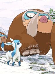 aomon_(yuuji7604) blue_eyes brown_fur gen_4_pokemon glaceon highres mamoswine nintendo no_humans pine_tree pokemon pokemon_(creature) snow snow_on_tree tree tundra walking winter