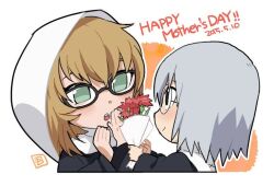 1boy 1girl apron bad_id bad_pixiv_id bidarian black_dress black_eyes blonde_hair bouquet closed_mouth dated dress flower green_eyes grey_hair holding holding_bouquet long_hair long_sleeves naruto_(series) naruto_shippuuden open_mouth red_flower round_eyewear short_hair veil white_apron white_background yakushi_kabuto yakushi_nonou