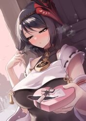 Rule 34 | 1girl, absurdres, averting eyes, bird mask, black bodysuit, black hair, blush, bodysuit, box, breast curtain, breasts, breath, candy, chocolate, chocolate heart, detached sleeves, dutch angle, embarrassed, food, genshin impact, gift, heart, heart-shaped box, highres, holding, holding gift, incoming gift, japanese clothes, kujou sara, large breasts, looking to the side, mask, mask on head, mitsudomoe (shape), outdoors, parted lips, red mask, sazanka, short hair, solo, tassel, tomoe (symbol), twirling hair, upper body, valentine, yellow eyes