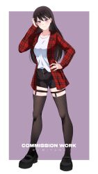 1girl absurdres bang_dream! bang_dream!_it&#039;s_mygo!!!!! black_shoes black_shorts black_thighhighs border breasts commentary commission english_commentary full_body garter_straps hand_on_own_hip hand_up highres jacket long_hair long_sleeves looking_at_viewer medium_breasts miyamu mole mole_under_eye open_clothes open_jacket outside_border plaid_clothes plaid_jacket purple_background purple_eyes red_jacket shiina_taki shirt shoes shorts solo thighhighs white_border white_shirt