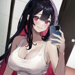 1girl artist_name black_hair blush breasts camisole cleavage closed_mouth collarbone colored_inner_hair crop_top holding holding_phone large_breasts long_hair multicolored_hair original phone photo-referenced pink_eyes pink_hair selfie smile solo white_camisole y_uunaa
