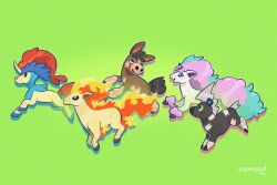 black_fur blitzle brown_fur from_side galarian_form galarian_ponyta gen_1_pokemon gen_5_pokemon gen_7_pokemon gen_8_pokemon green_background keldeo keldeo_(ordinary) legendary_pokemon mudbray mythical_pokemon nintendo no_humans pokemon pokemon_(creature) ponyta signature simple_background squeegool two-tone_fur white_fur