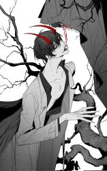 2boys abs bare_tree benkdjjituibot black_cloak black_shirt bleeding blood bloody_tears branch cloak coat collarbone collared_shirt demon_horns eyeball gouged_eye greyscale head_tilt highres hood hood_up horns kim_dokja long_fingers monochrome multiple_boys official_alternate_costume omniscient_reader&#039;s_viewpoint open_clothes open_mouth open_shirt pectorals raised_chin secretive_plotter shirt tongue tongue_out tree white_coat