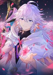 1boy ahoge black_shirt chinese_knot closed_mouth commentary english_commentary falling_petals fate/grand_order fate_(series) field flower flower_field flower_knot hair_between_eyes hair_ornament hand_up highres hooded_robe long_hair long_sleeves looking_at_viewer male_focus merlin_(fate) outdoors petals pink_flower pink_petals purple_eyes purple_hair robe shirt smile solo staff terarenai turtleneck turtleneck_shirt upper_body white_robe wide_sleeves