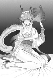 1girl absurdres ambience_synesthesia animal animal_on_hand arknights barefoot bigyann176 bird bird_on_hand blush breasts chinese_commentary choker cleavage closed_mouth commentary_request dragon_girl dragon_horns dragon_tail feet full_body greyscale hair_intakes highres horns jewelry large_breasts long_hair monochrome necklace off_shoulder official_alternate_costume partial_commentary shu_(arknights) shu_(bingwenyuyou)_(arknights) sitting smile solo tail tail_raised toes