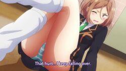Rule 34 | 1girl, animated, anime screenshot, ass, ayakashi triangle, black jacket, black skirt, blue panties, blush, breasts, brown eyes, brown hair, cameltoe, green necktie, highres, jacket, long hair, medium breasts, necktie, one eye closed, panties, school uniform, shirt, skirt, sound, striped clothes, striped panties, tagme, thighs, toba yayoi, underwear, video, white panties, white shirt